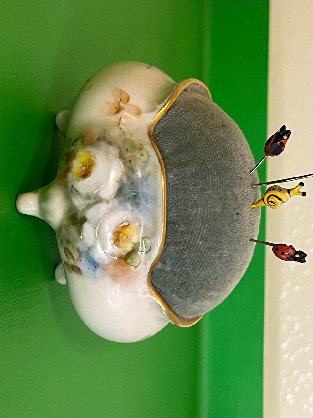 Vintage 1960’s Hobbiest Floral Porcelain Pin Cushion - Soft Floral & Gold Trim